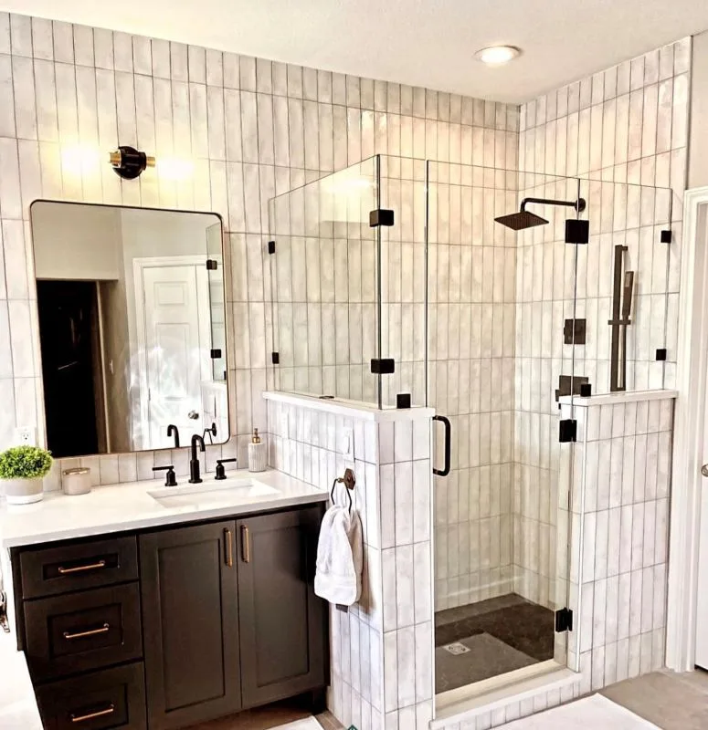Completed bathroom with dark timber double vanity and white tiled walls